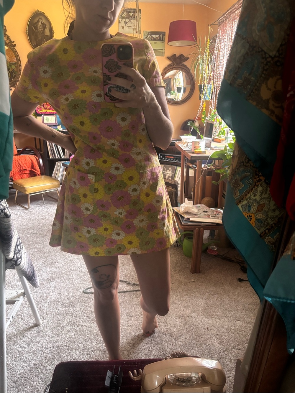 Vintage Floral Mini Dress in Yellow & Pink